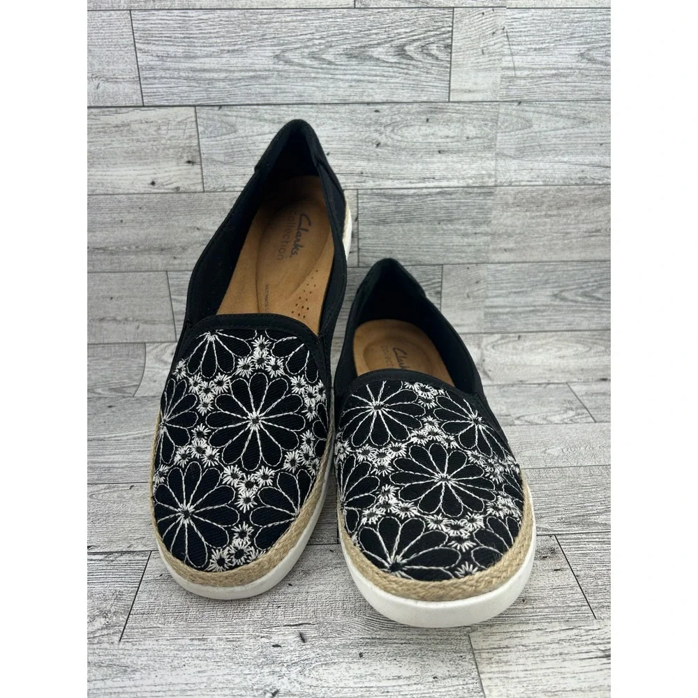 Clarks Collection Women Black Floral‎ Embroidered Slip On Espadrille Size 9.5M